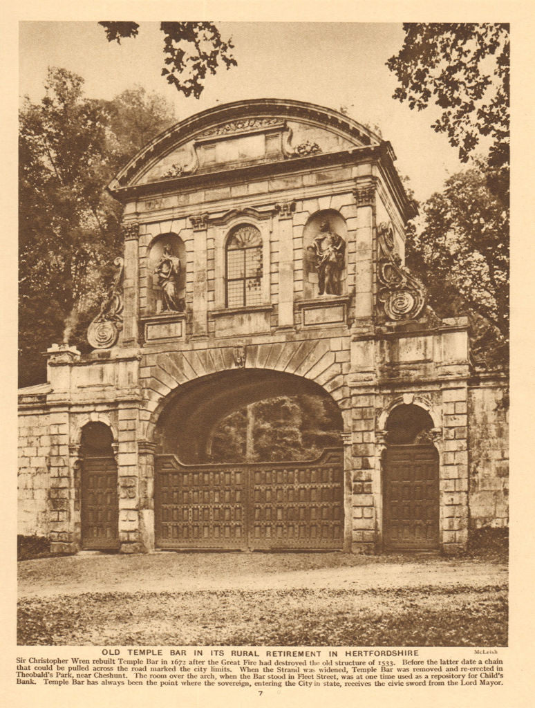 Temple Bar in Theobald's Park, Cheshunt, Hertfordshire 1926 old vintage print